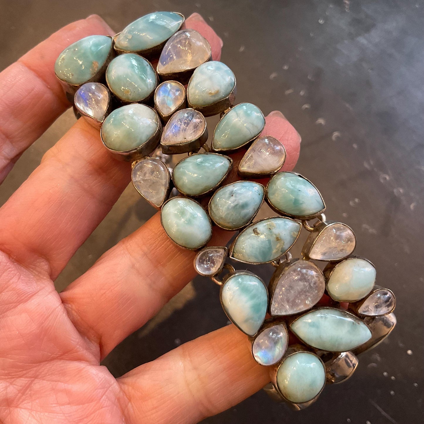 sterling silver Natural moonstone Dominican larimar cluster bracelet 6-8” toggle