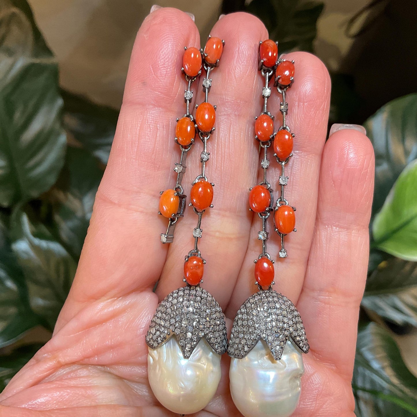 Sterling Silver natural coral oversize baroque pearl statement earrings Colors Of Etnika
