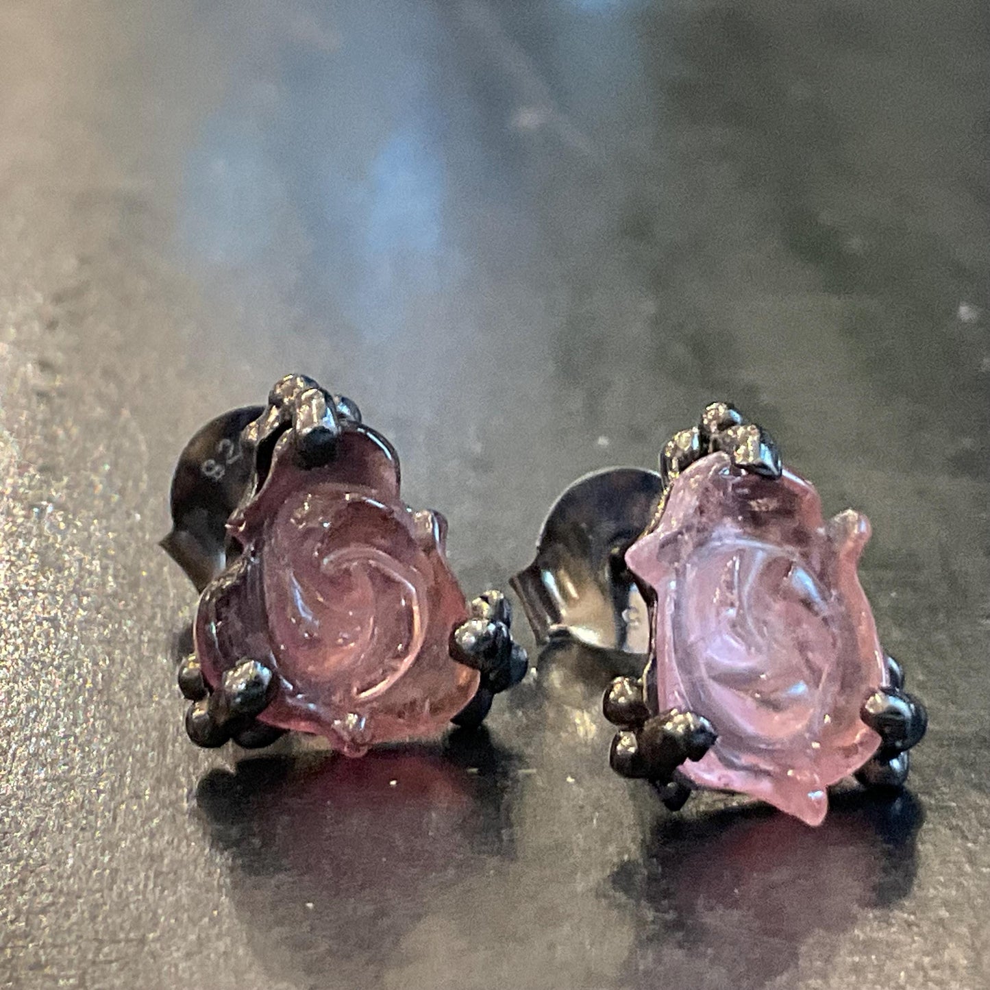 sterling Silver pink tourmaline carved rose flower stud earrings