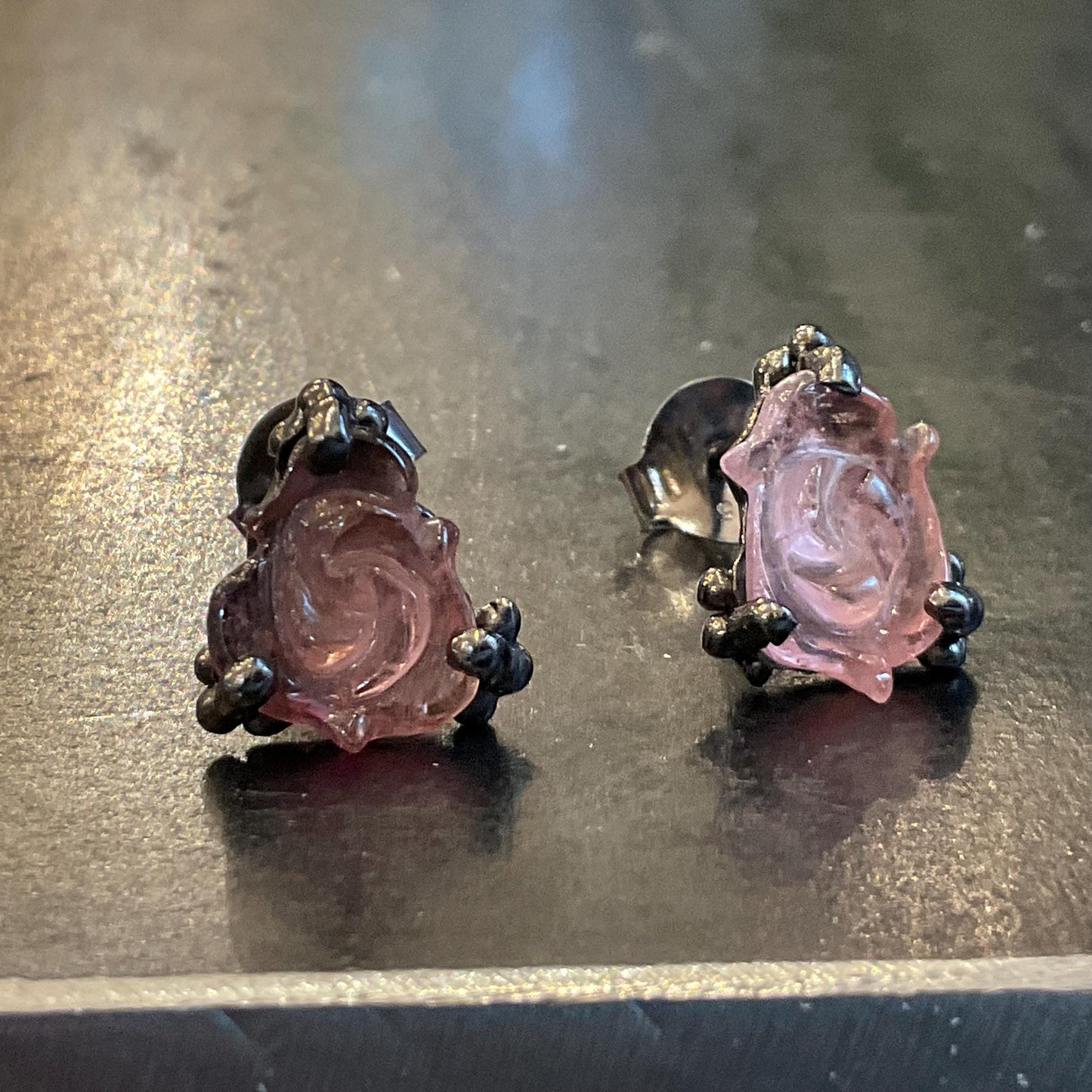 sterling Silver pink tourmaline carved rose flower stud earrings