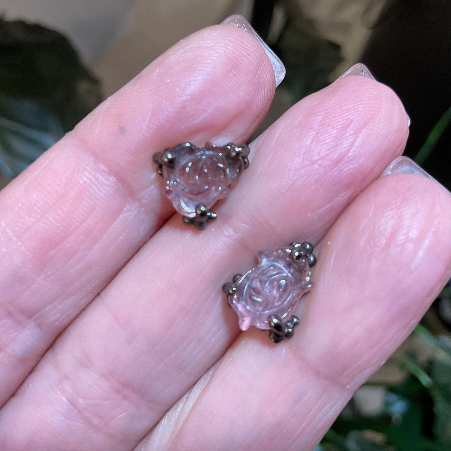 sterling Silver pink tourmaline carved rose flower stud earrings