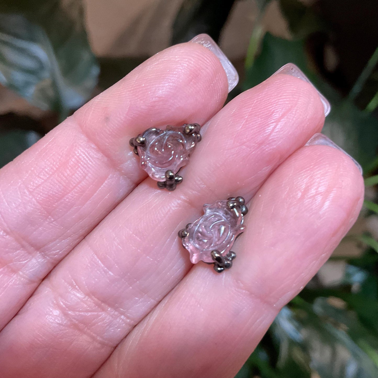 sterling Silver pink tourmaline carved rose flower stud earrings