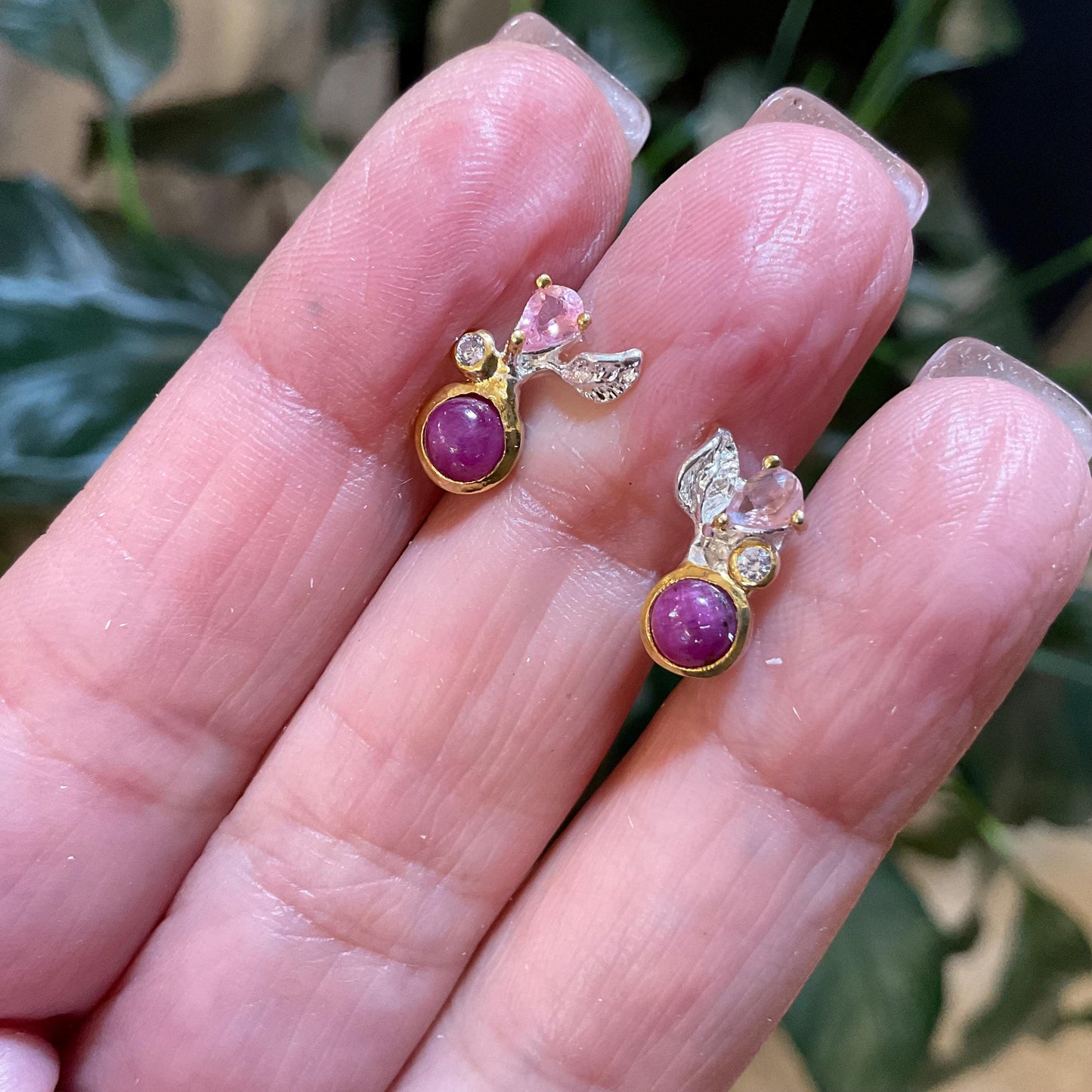 sterling Silver ruby pink tourmaline flower stud earrings