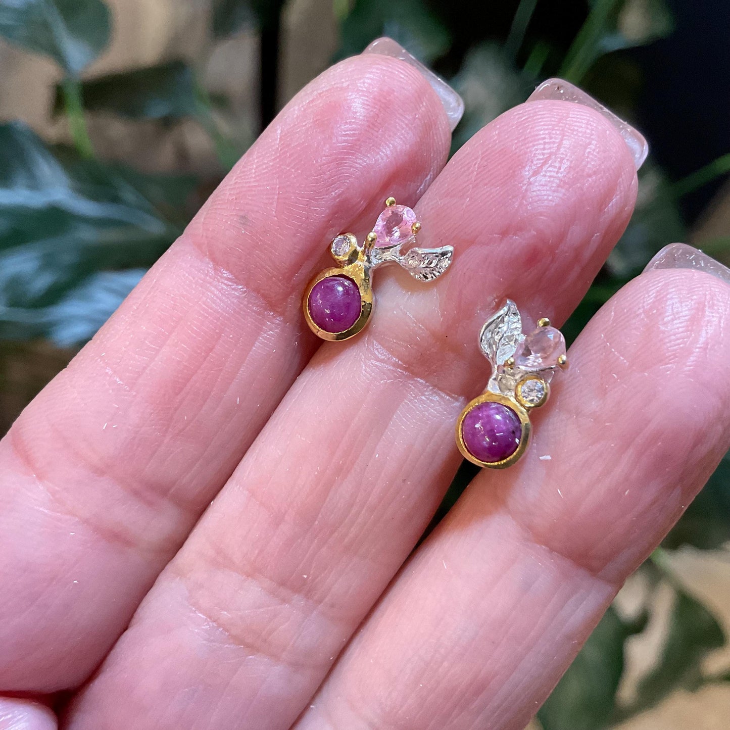 sterling Silver ruby pink tourmaline flower stud earrings