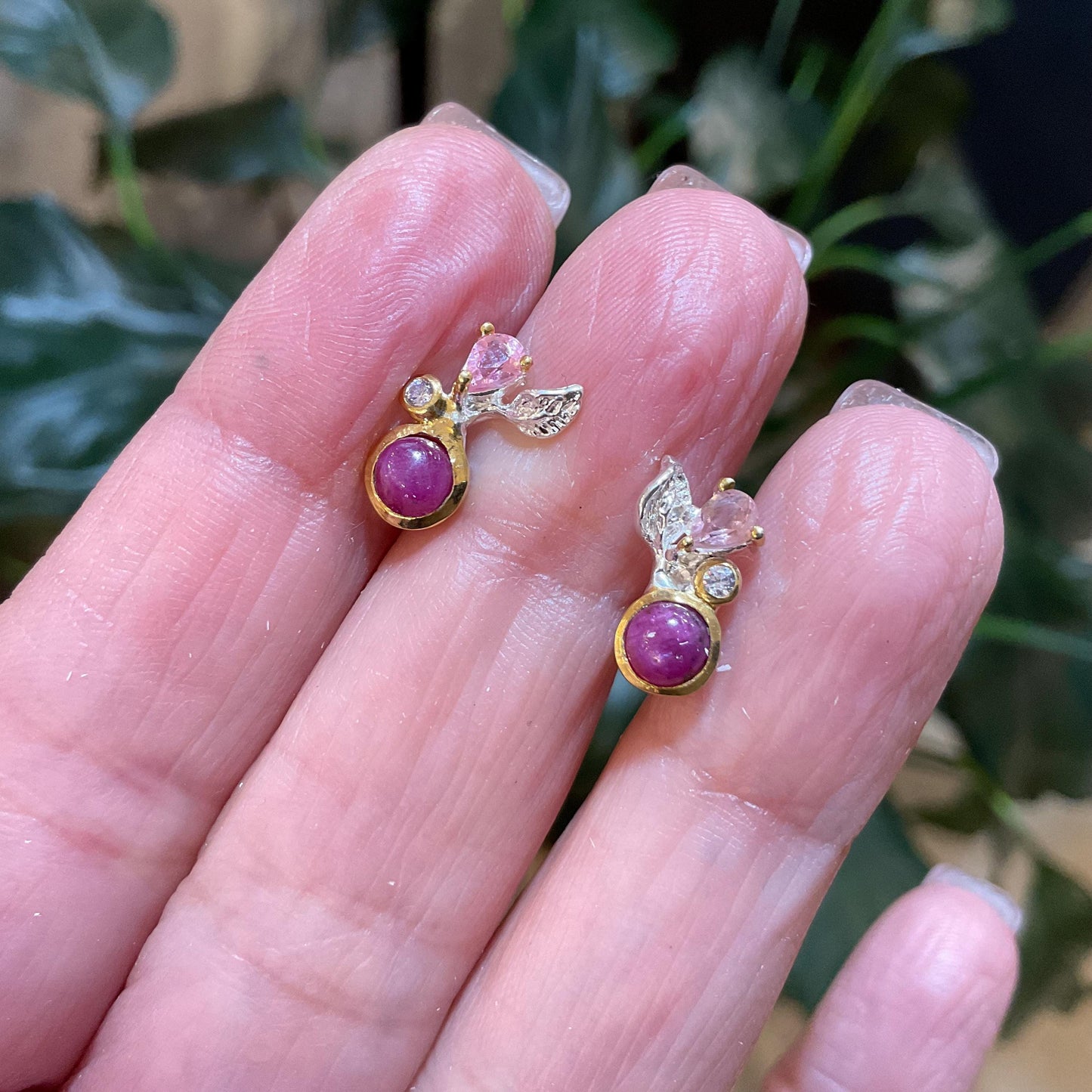 sterling Silver ruby pink tourmaline flower stud earrings