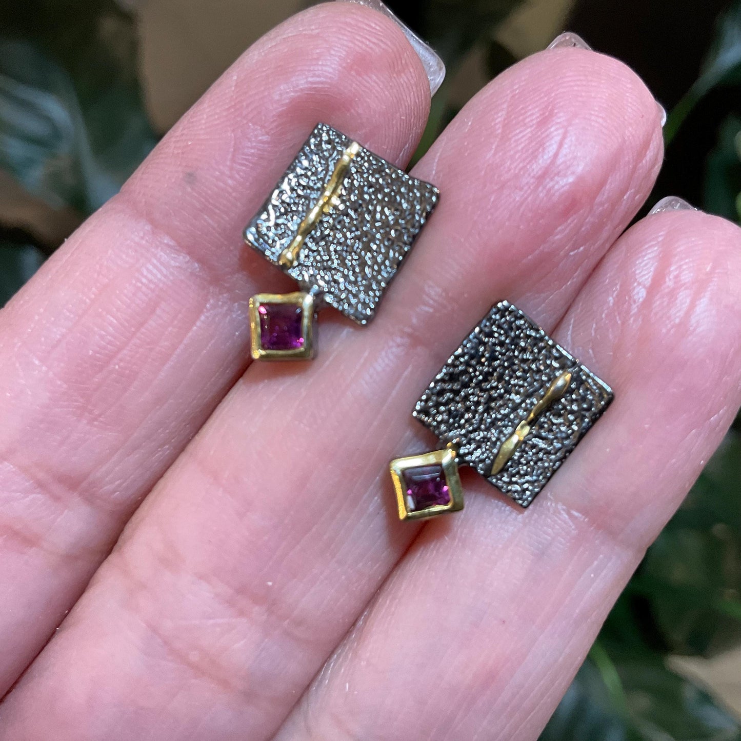 sterling Silver Rhodolite modernist stud earrings