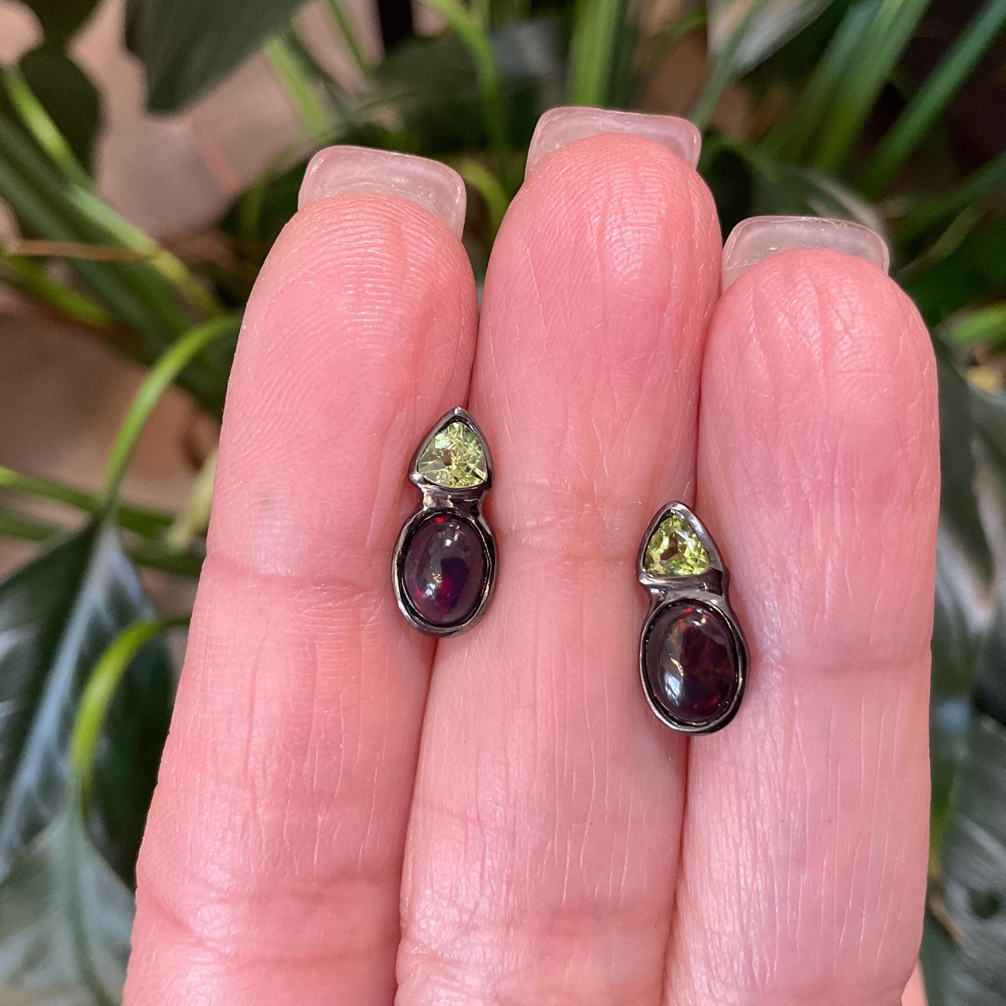 Sterling Silver black natural Opal peridot small stud Earrings