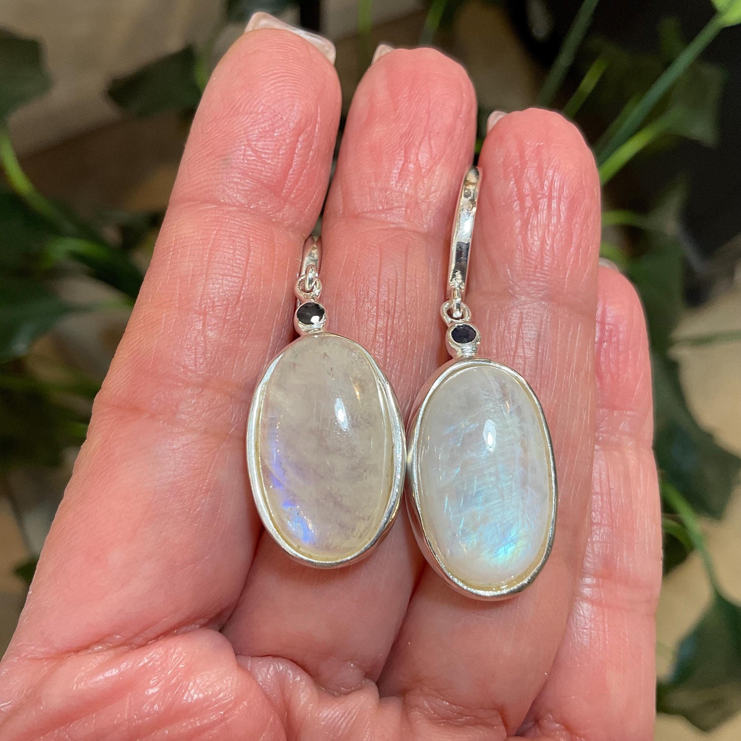 Moonstone Sterling Silver oval shape sapphire Dangle Earrings