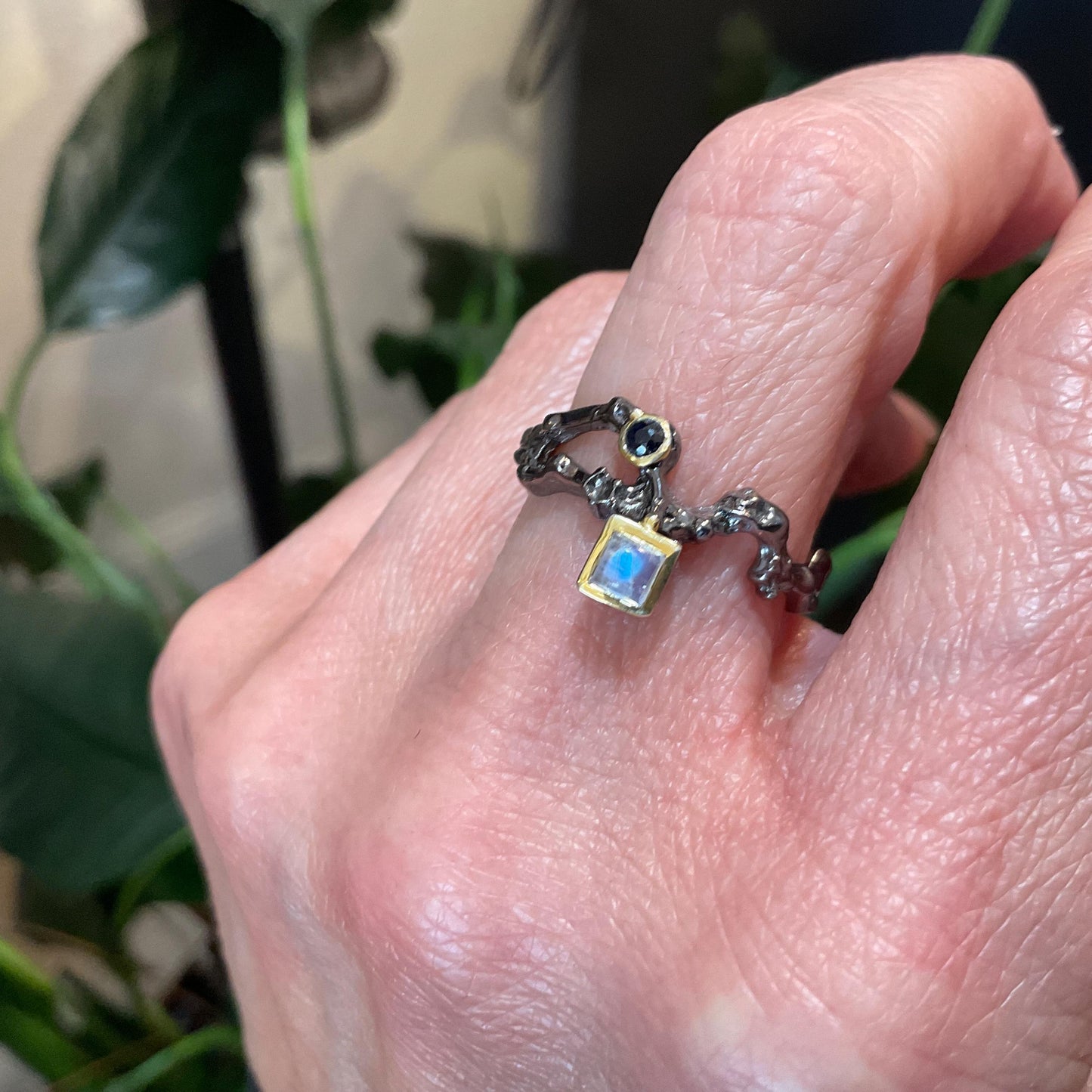 Sterling Silver sapphire moonstone twig natural organic Ring 7.5