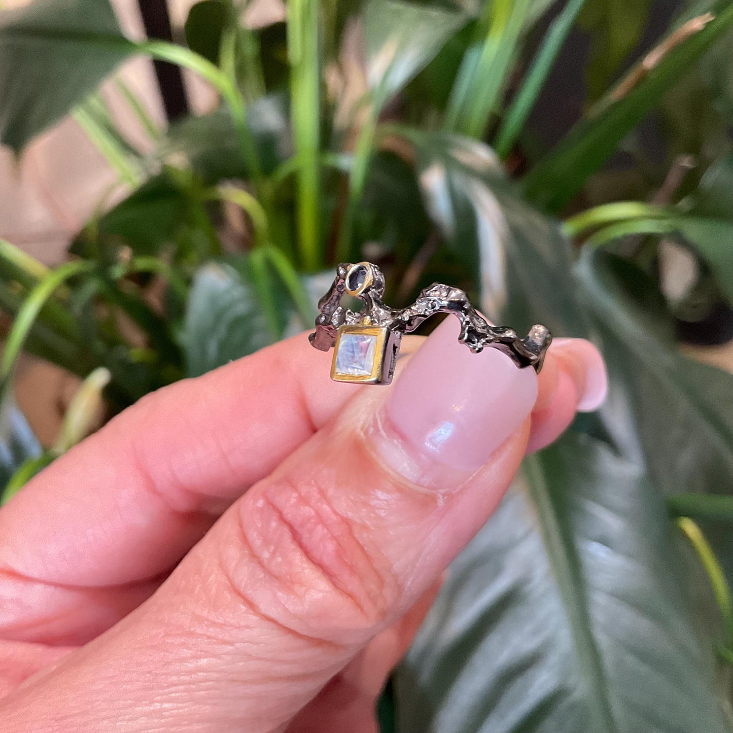 Sterling Silver sapphire moonstone twig natural organic Ring 7.5