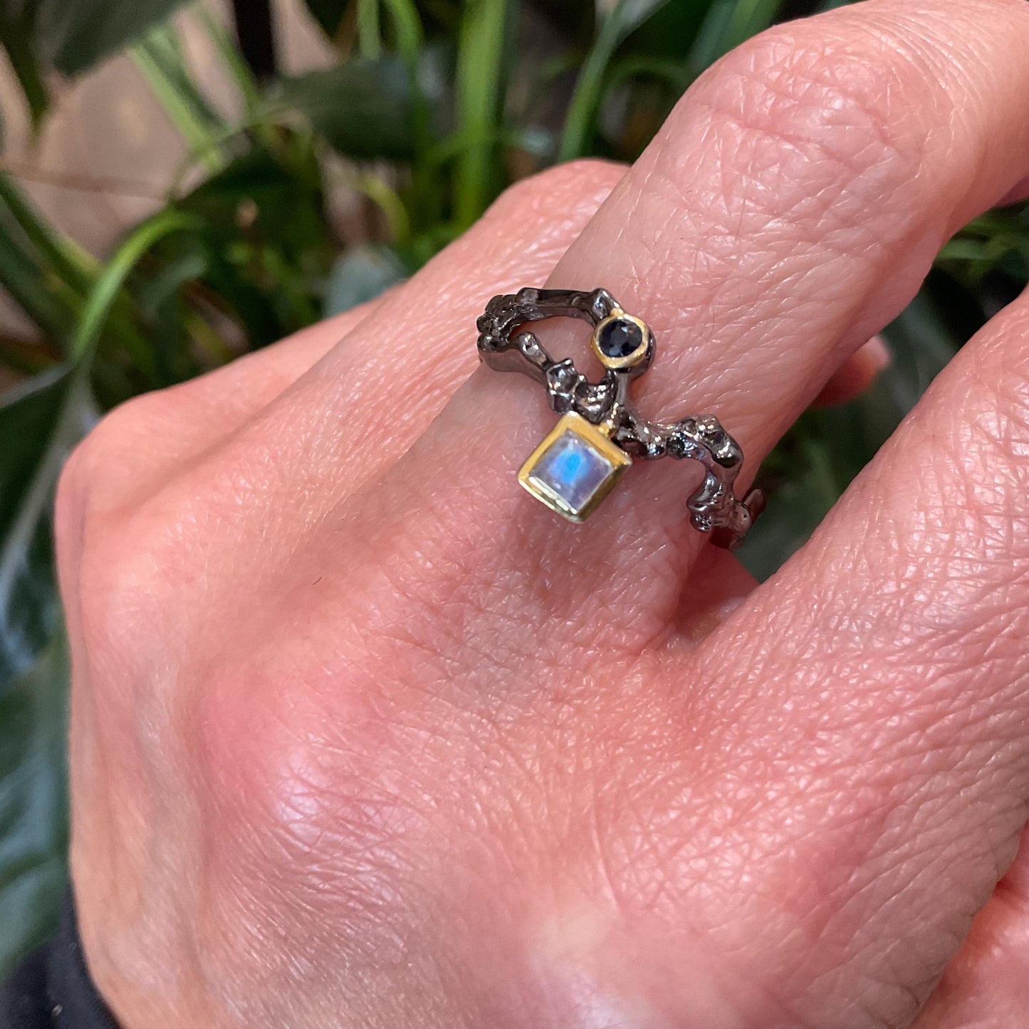 Sterling Silver sapphire moonstone twig natural organic Ring 7.5