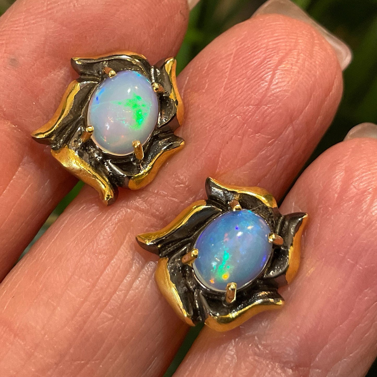 Sterling Silver Gold Natural rainbow opal stud earrings