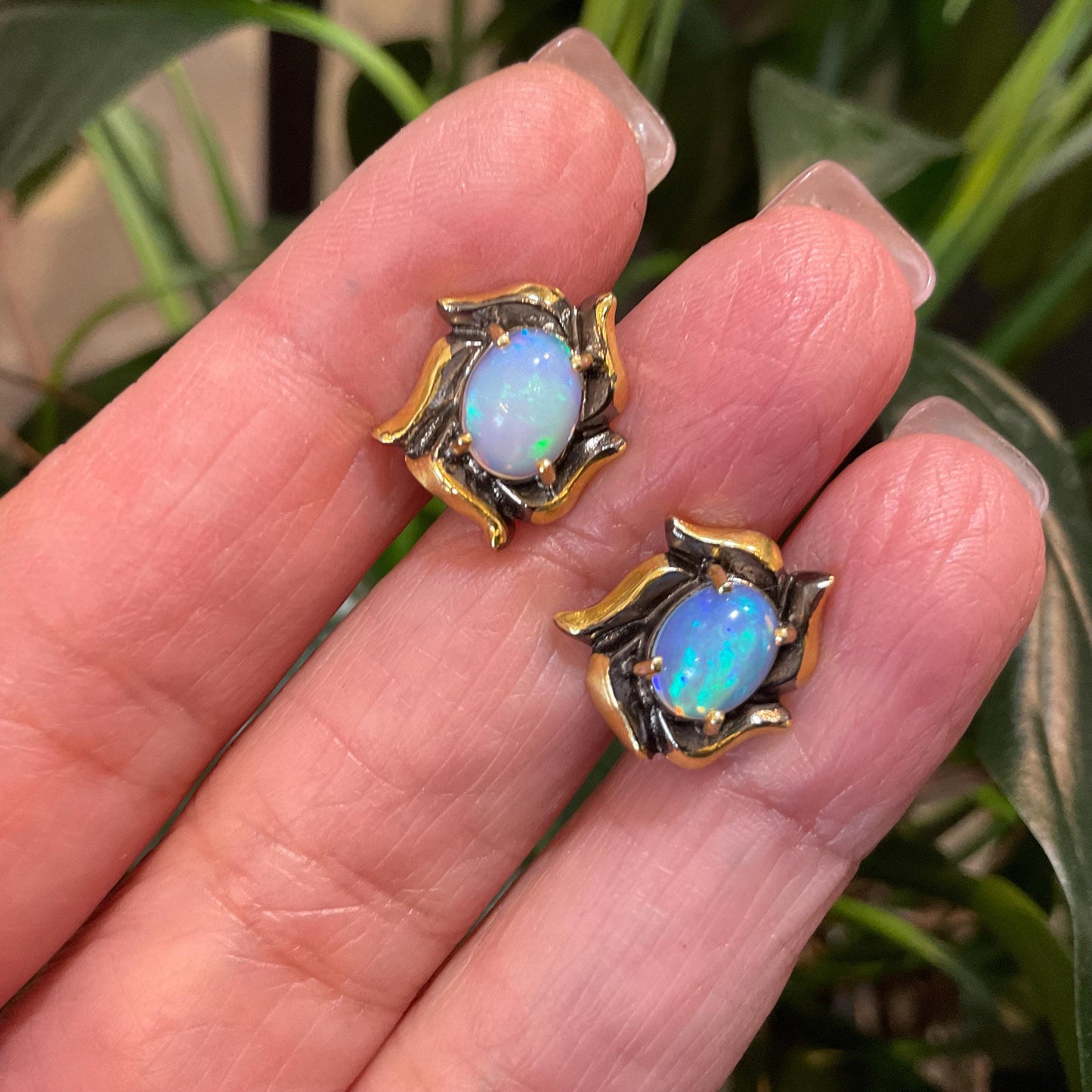 Sterling Silver Gold Natural rainbow opal stud earrings