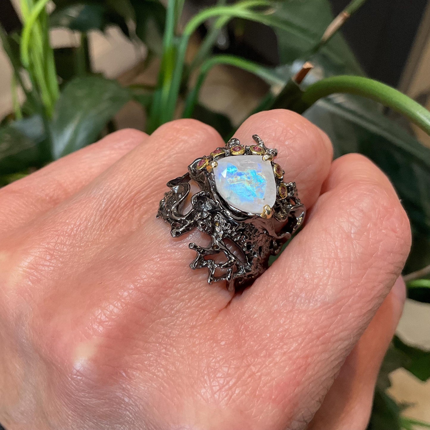 Sterling silver natural moonstone rhodolite rustic band ring 7.5