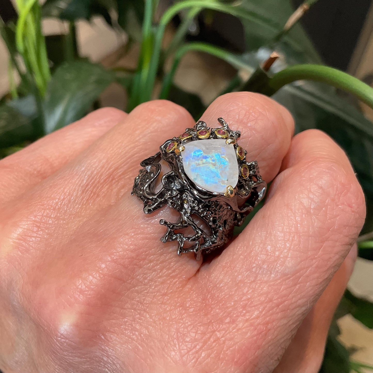Sterling silver natural moonstone rhodolite rustic band ring 7.5