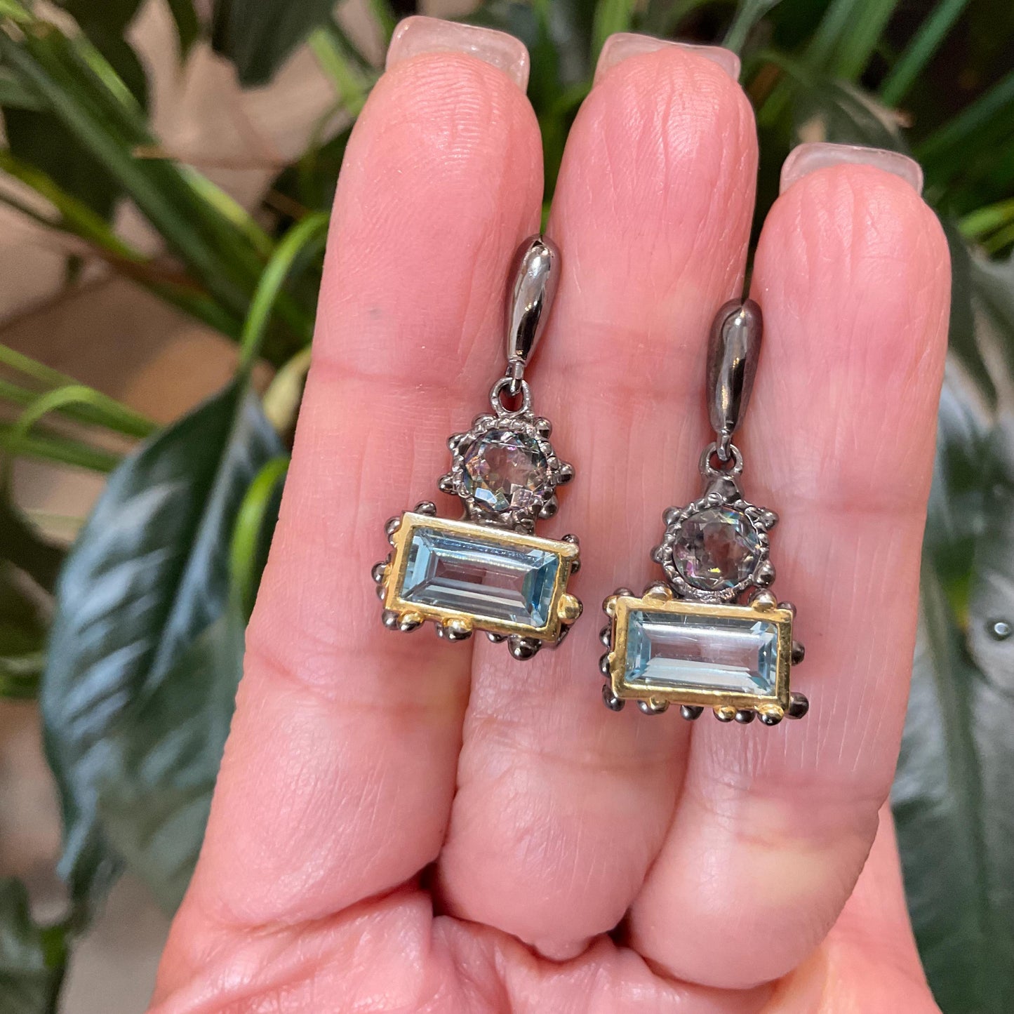 Sterling Silver blue topaz baguette dangle earrings