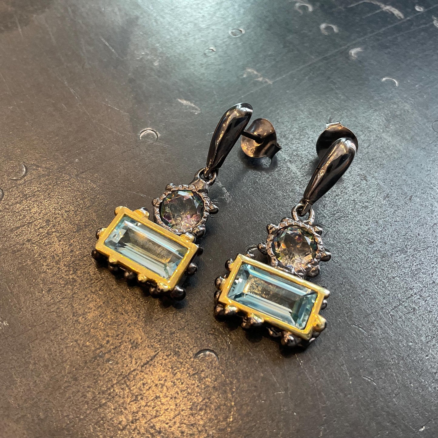 Sterling Silver blue topaz baguette dangle earrings