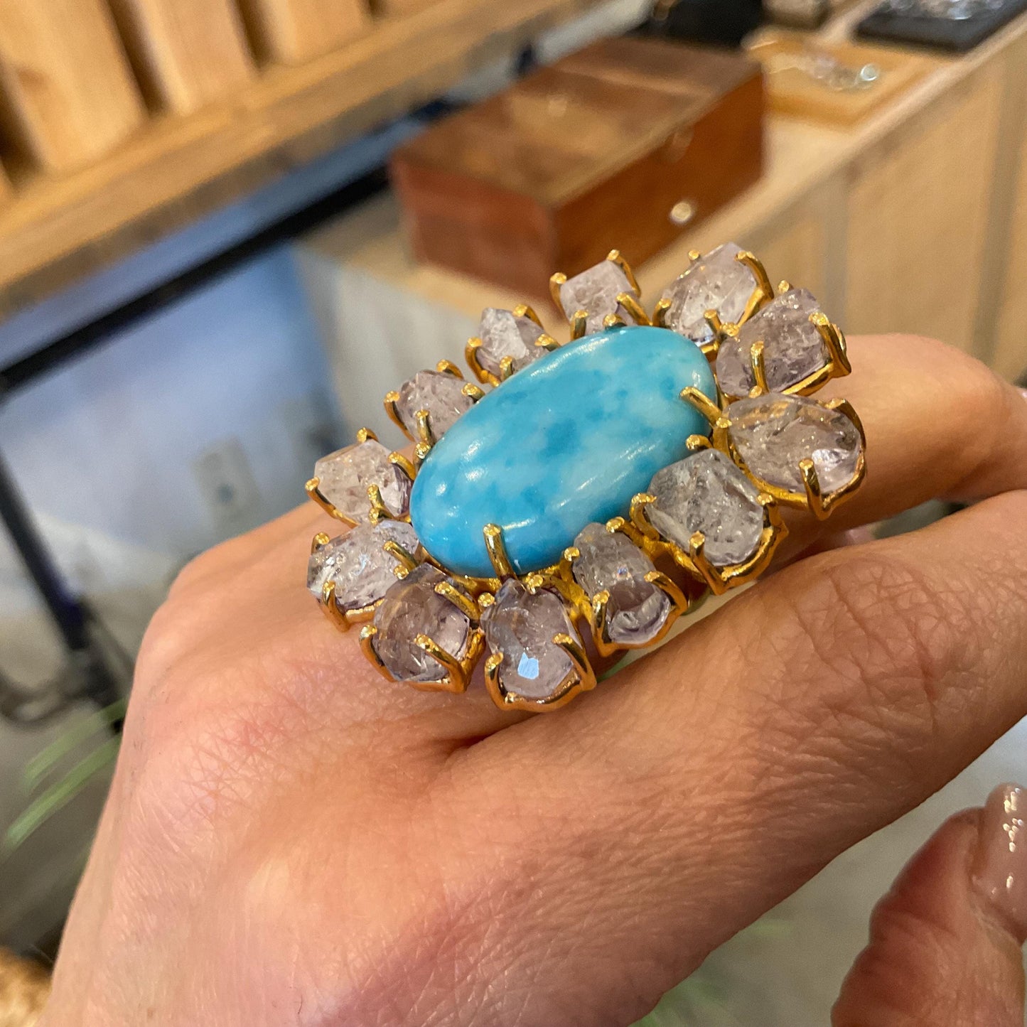 Sterling Statement turquoise moonstone huge gold ring 6.5 7