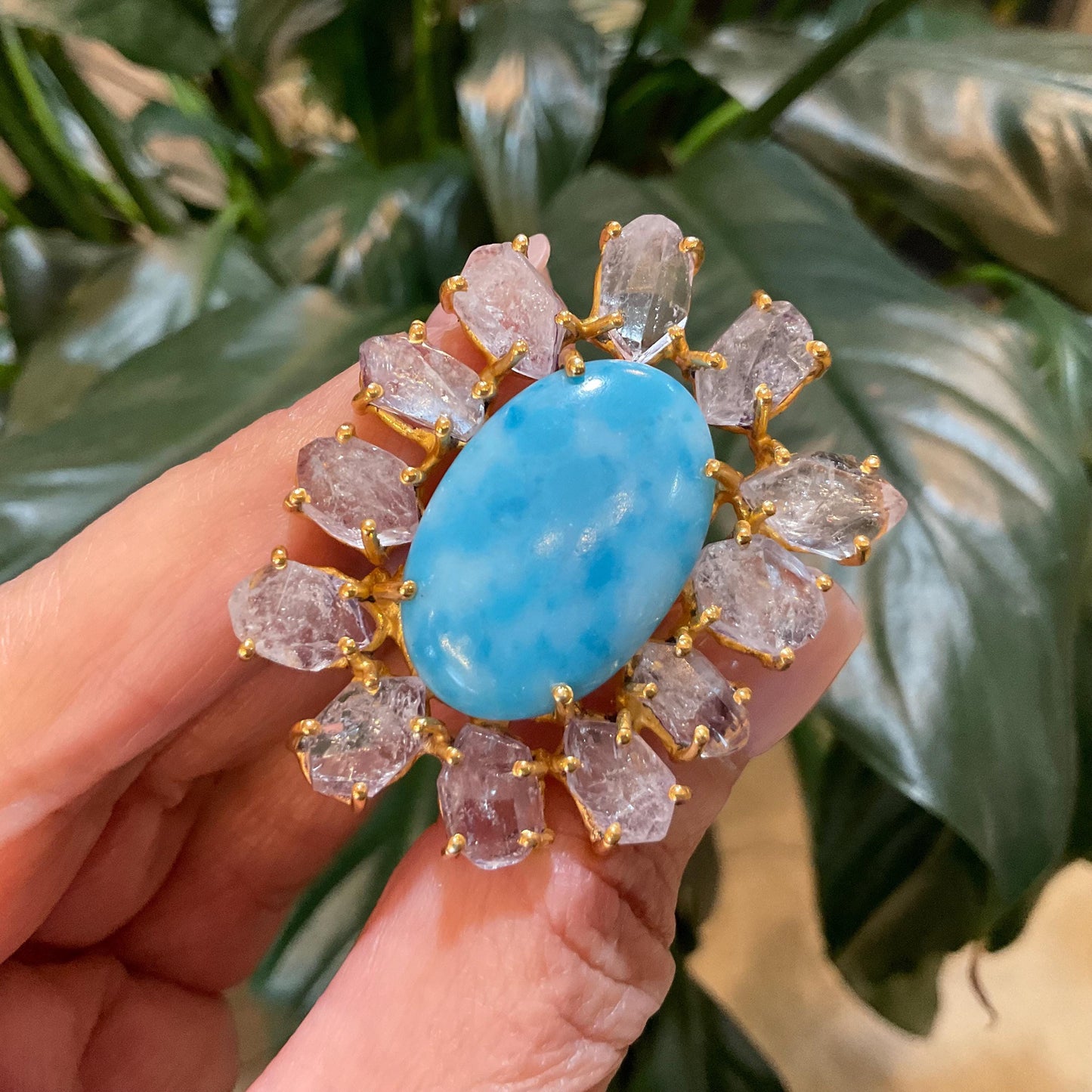 Sterling Statement turquoise moonstone huge gold ring 6.5 7