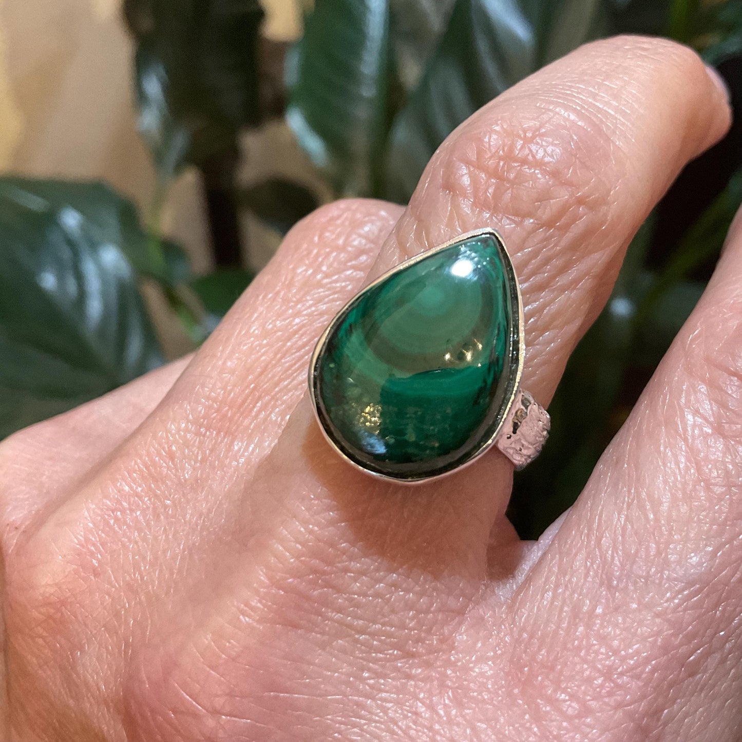 925 sterling silver natural malachite pearl shape ring 6.5 7