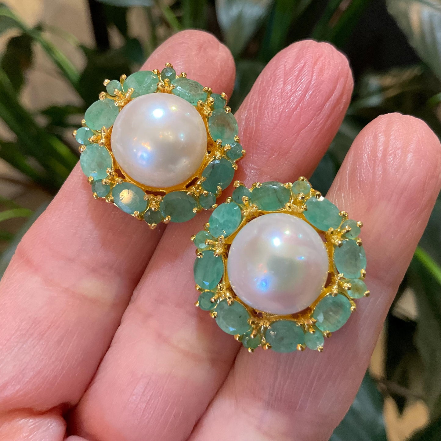 Sterling Silver natural white pearl Emerald statement post earrings