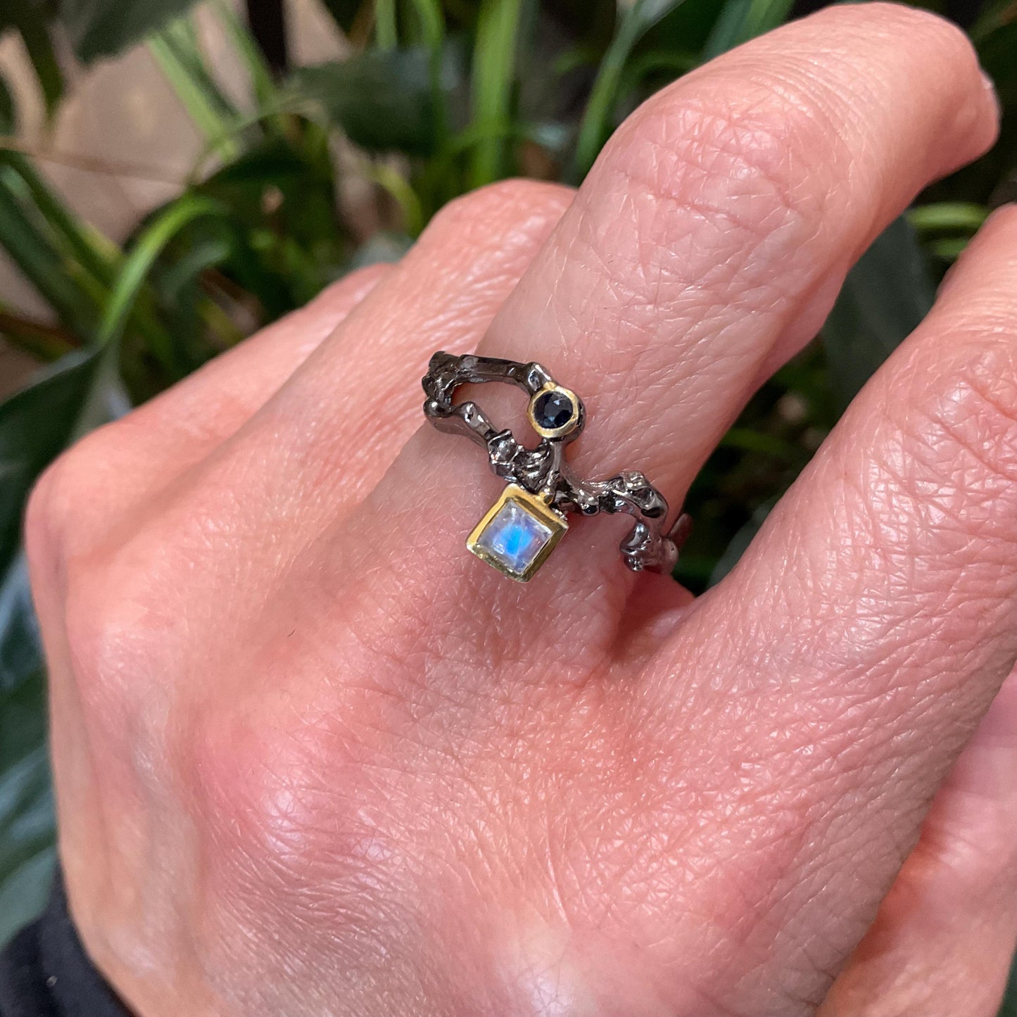 Sterling Silver sapphire moonstone twig natural organic Ring 7.5