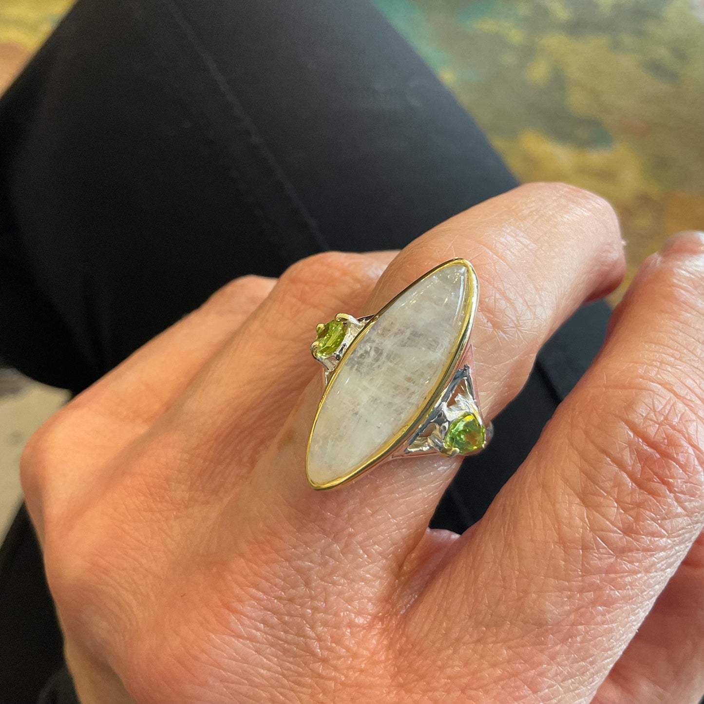 Sterling silver natural moonstone Marquis rustic peridot ring 7.5 Colors Of Etnika