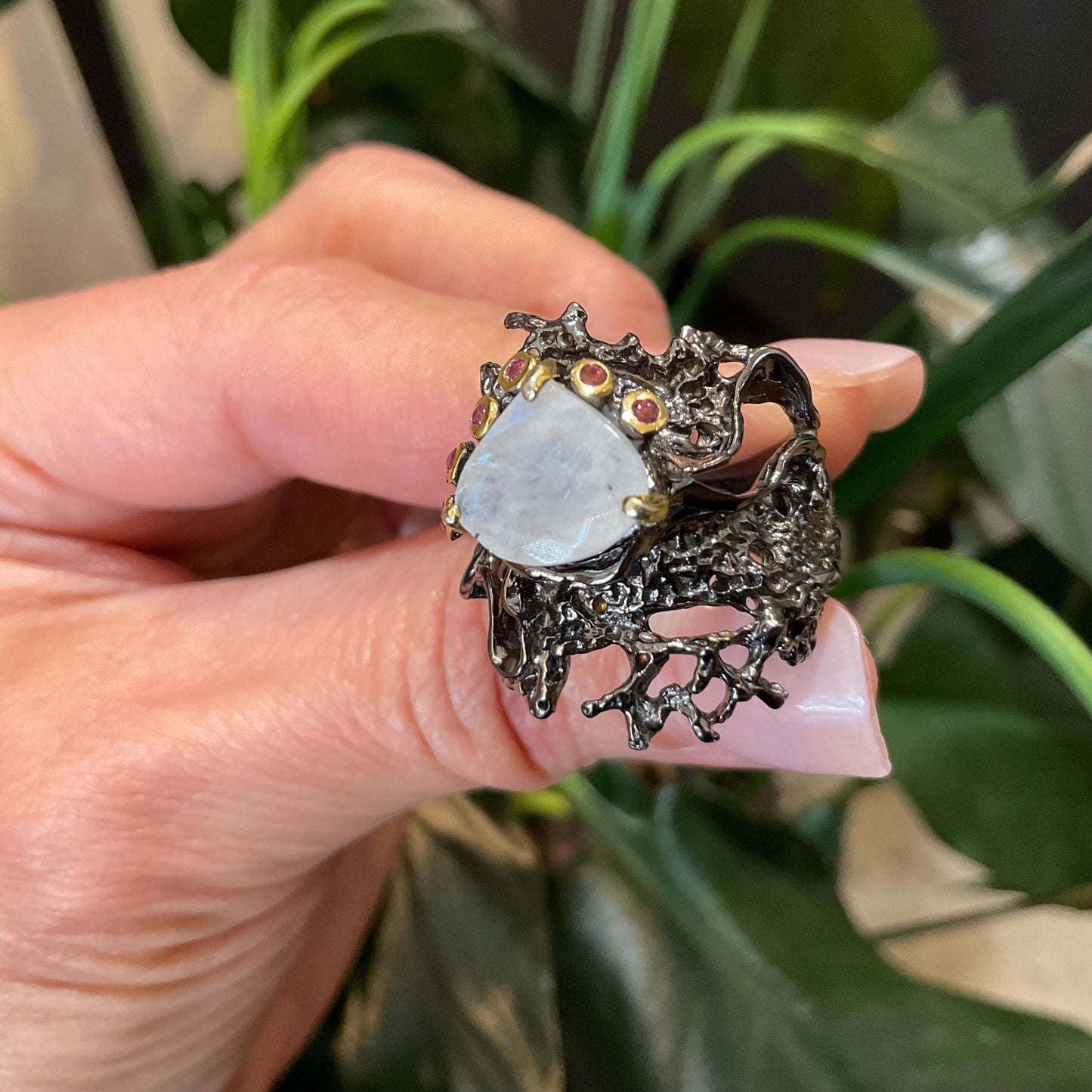 Sterling silver natural moonstone rhodolite rustic band ring 7.5