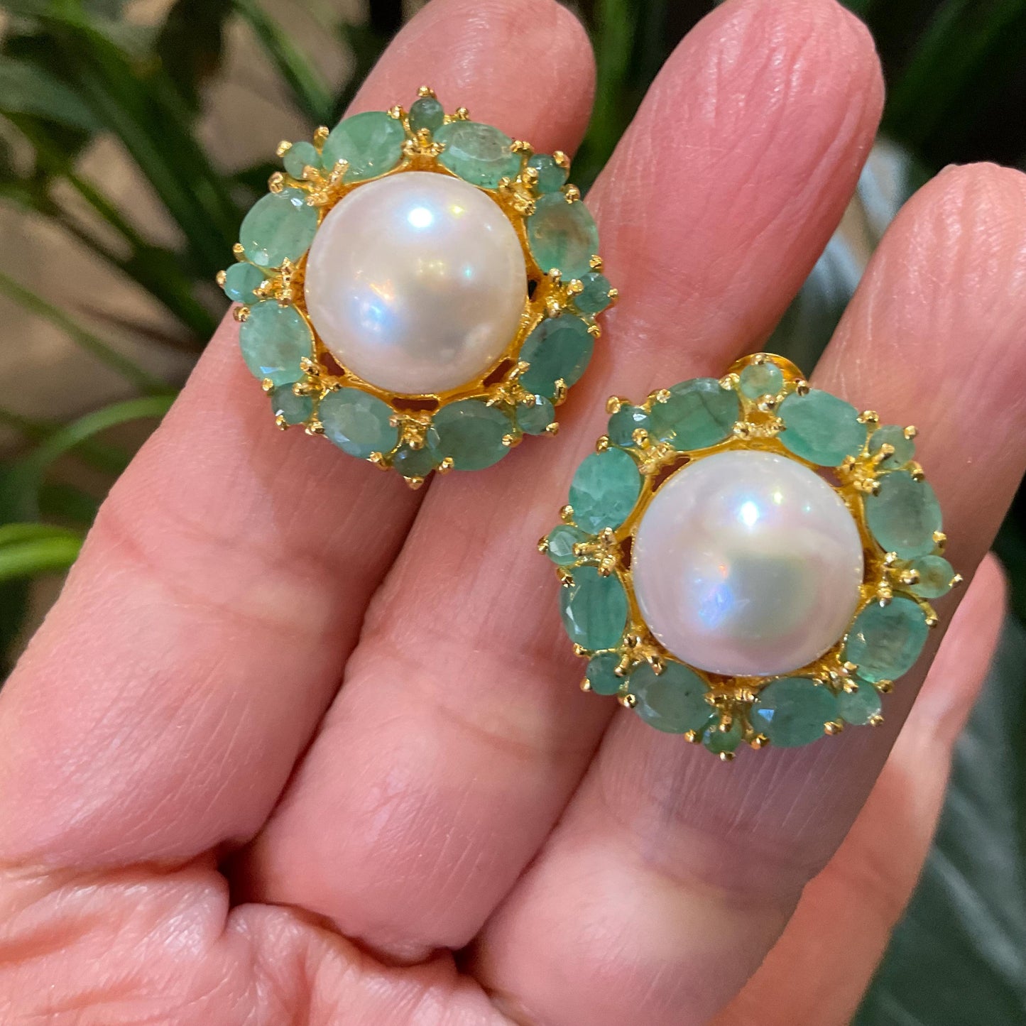 Sterling Silver natural white pearl Emerald statement post earrings