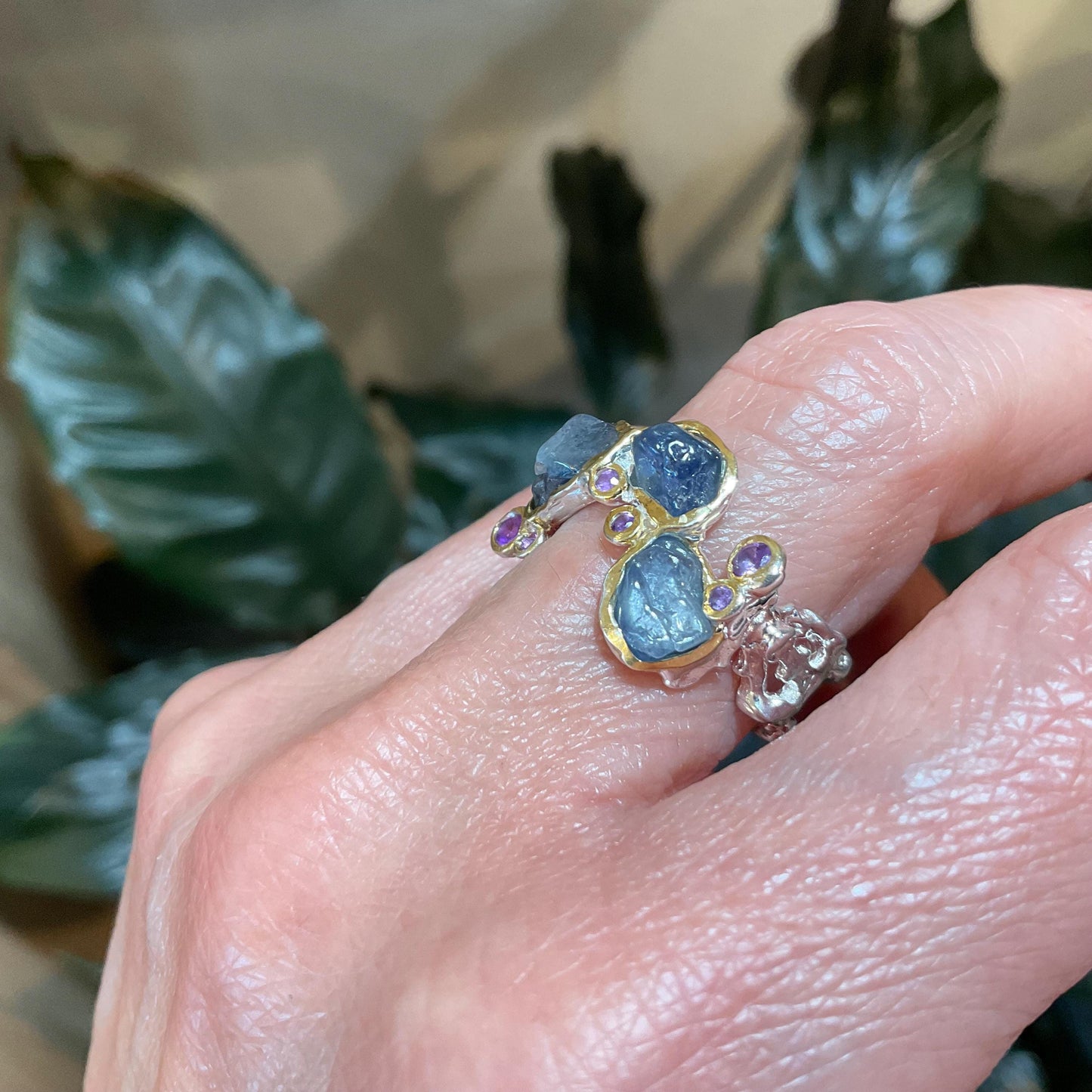 Sterling Silver blue sapphire amethyst brutalist band ring 7.5
