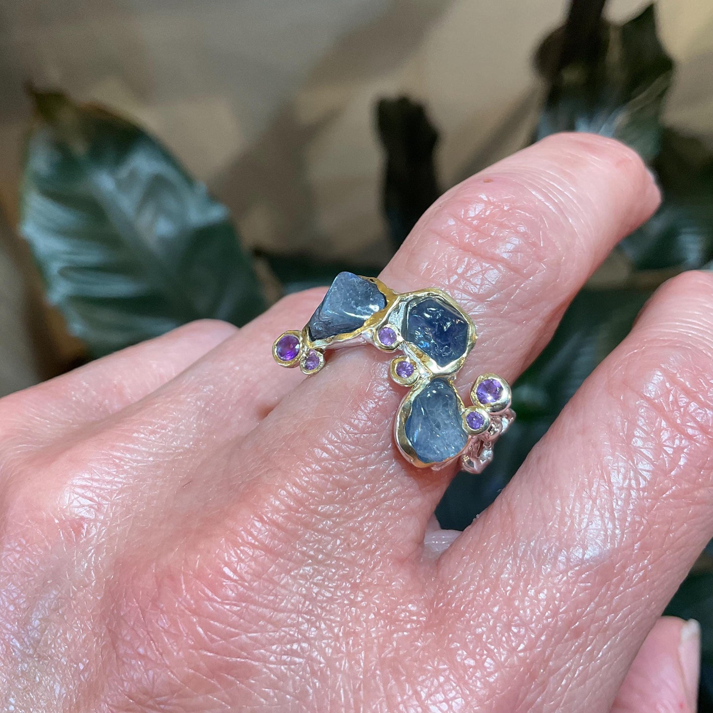 Sterling Silver blue sapphire amethyst brutalist band ring 7.5