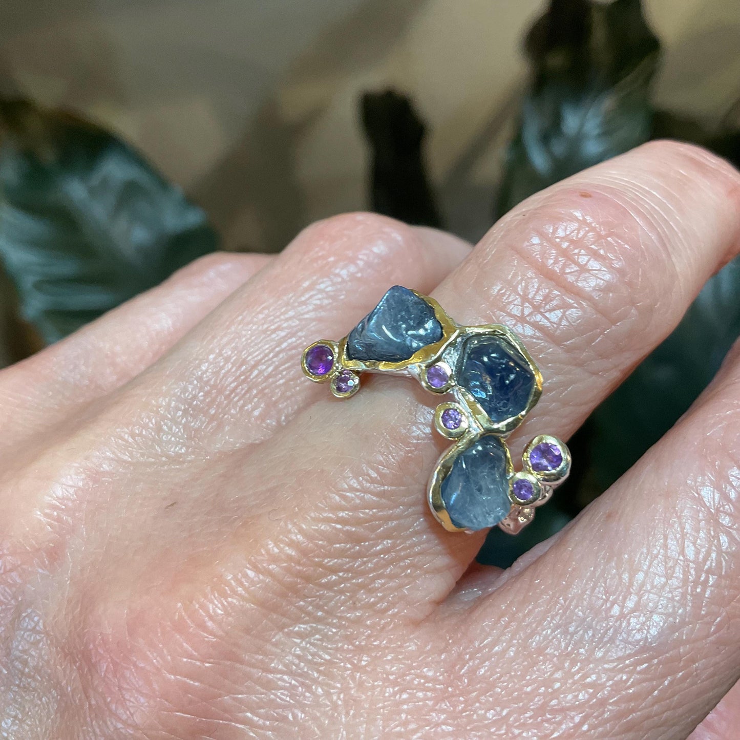 Sterling Silver blue sapphire amethyst brutalist band ring 7.5