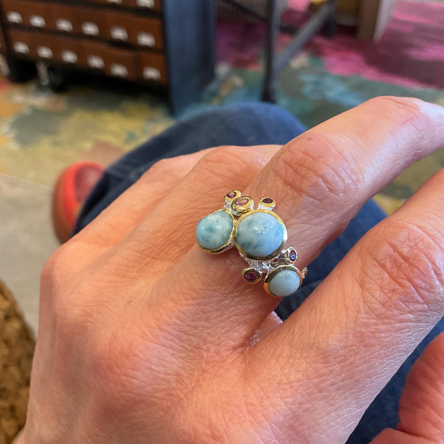 Sterling Silver Dominican blue Larimar rhodolite Organic ring 7