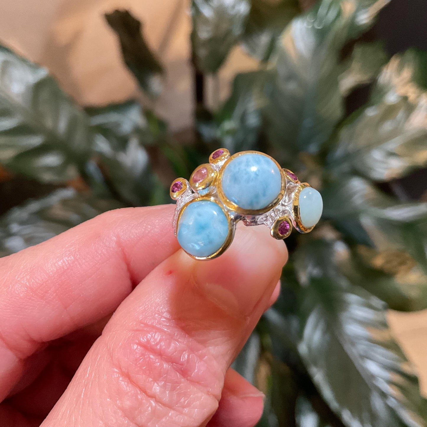 Sterling Silver Dominican blue Larimar rhodolite Organic ring 7
