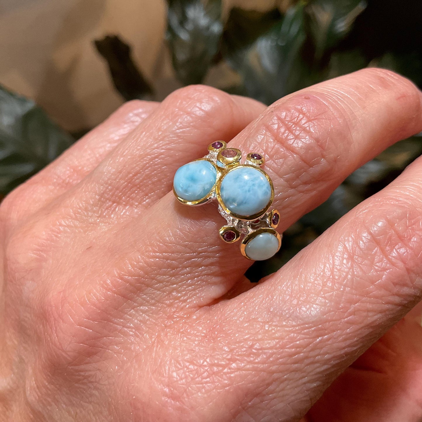 Sterling Silver Dominican blue Larimar rhodolite Organic ring 7