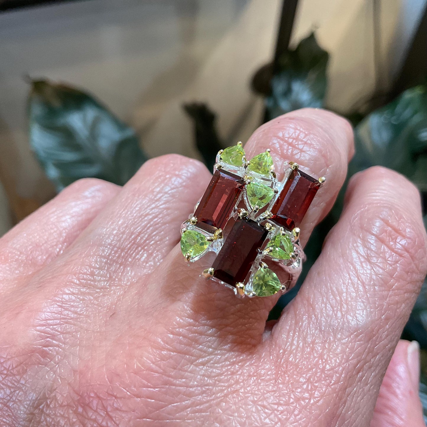 Sterling Silver Red garnet emerald cut peridot ring 8.5