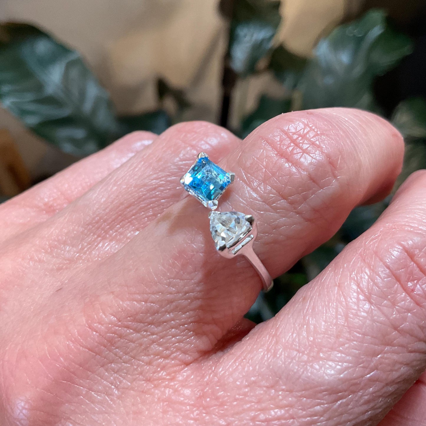 Sterling silver natural Blue topaz dainty open adjustable ring 7 8