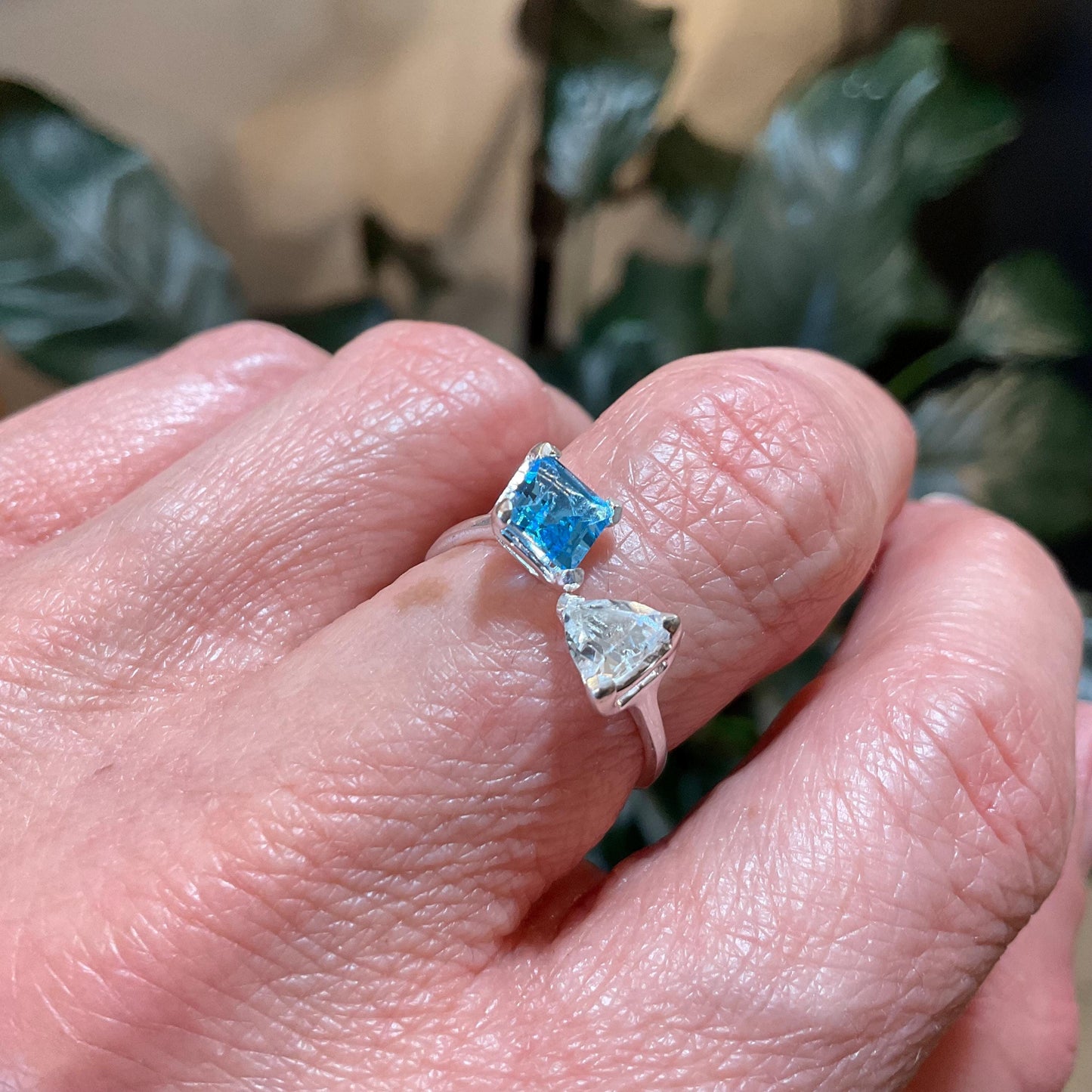 Sterling silver natural Blue topaz dainty open adjustable ring 7 8