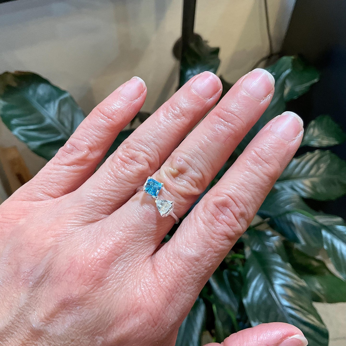 Sterling silver natural Blue topaz dainty open adjustable ring 7 8