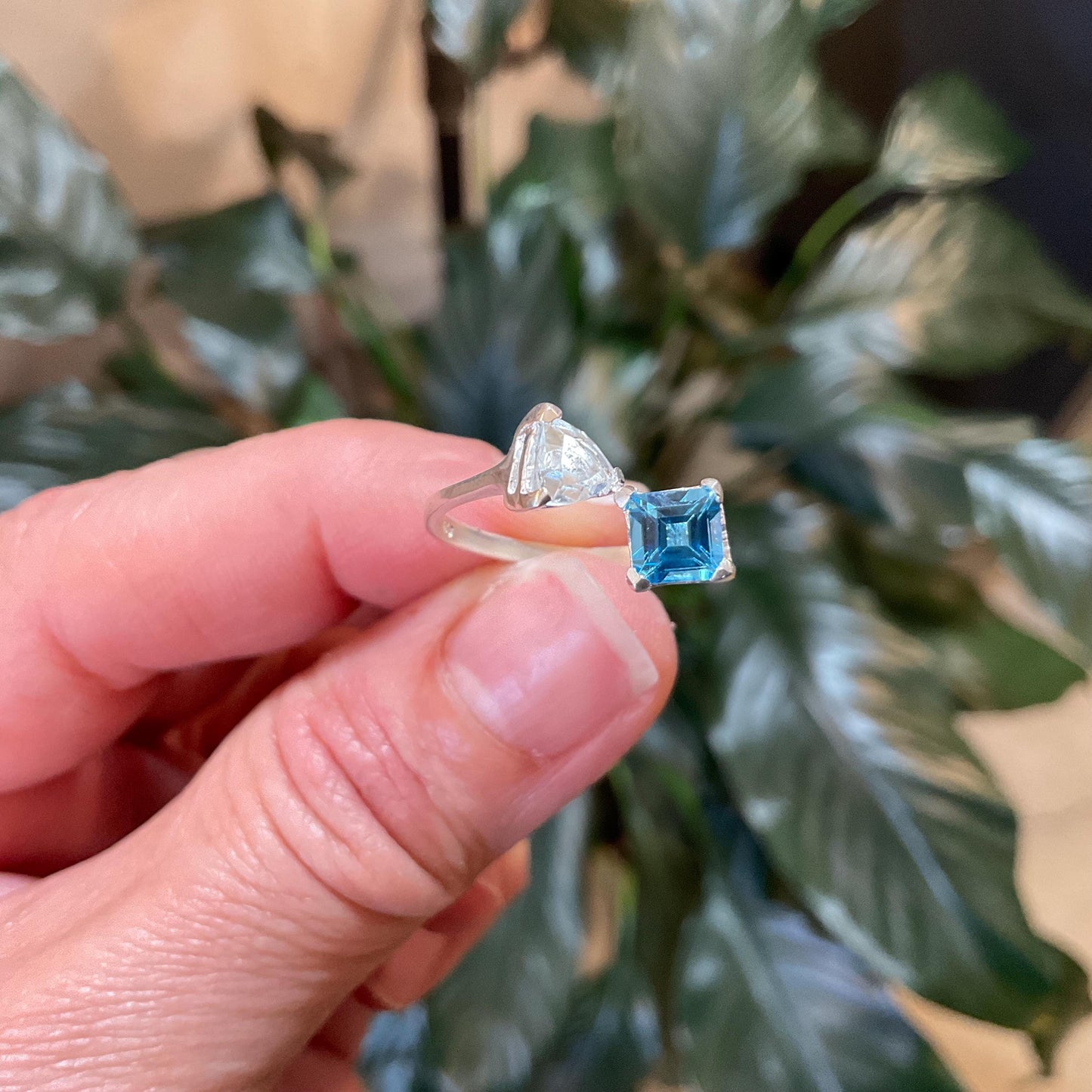 Sterling silver natural Blue topaz dainty open adjustable ring 7 8
