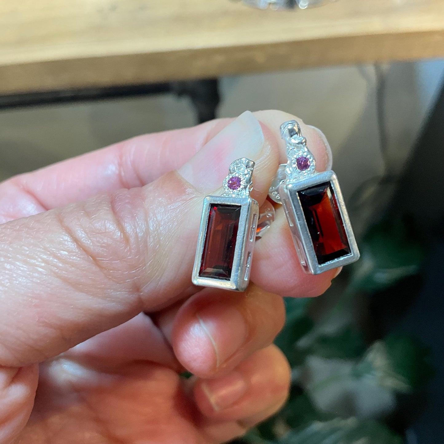sterling Silver natural Red garnet baguette rhodolite stud earrings
