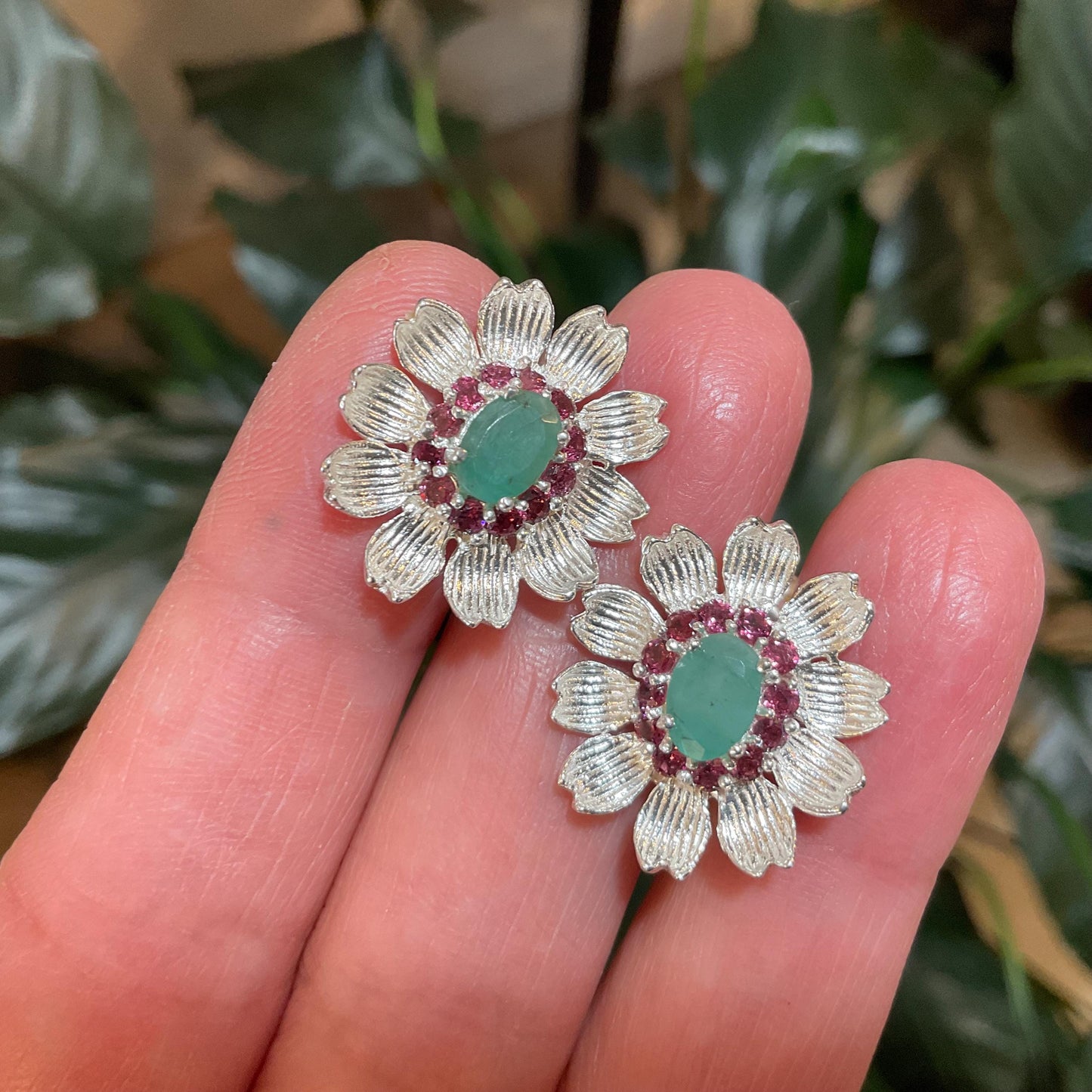 Sterling silver natural green emerald flower rhodolite post earrings