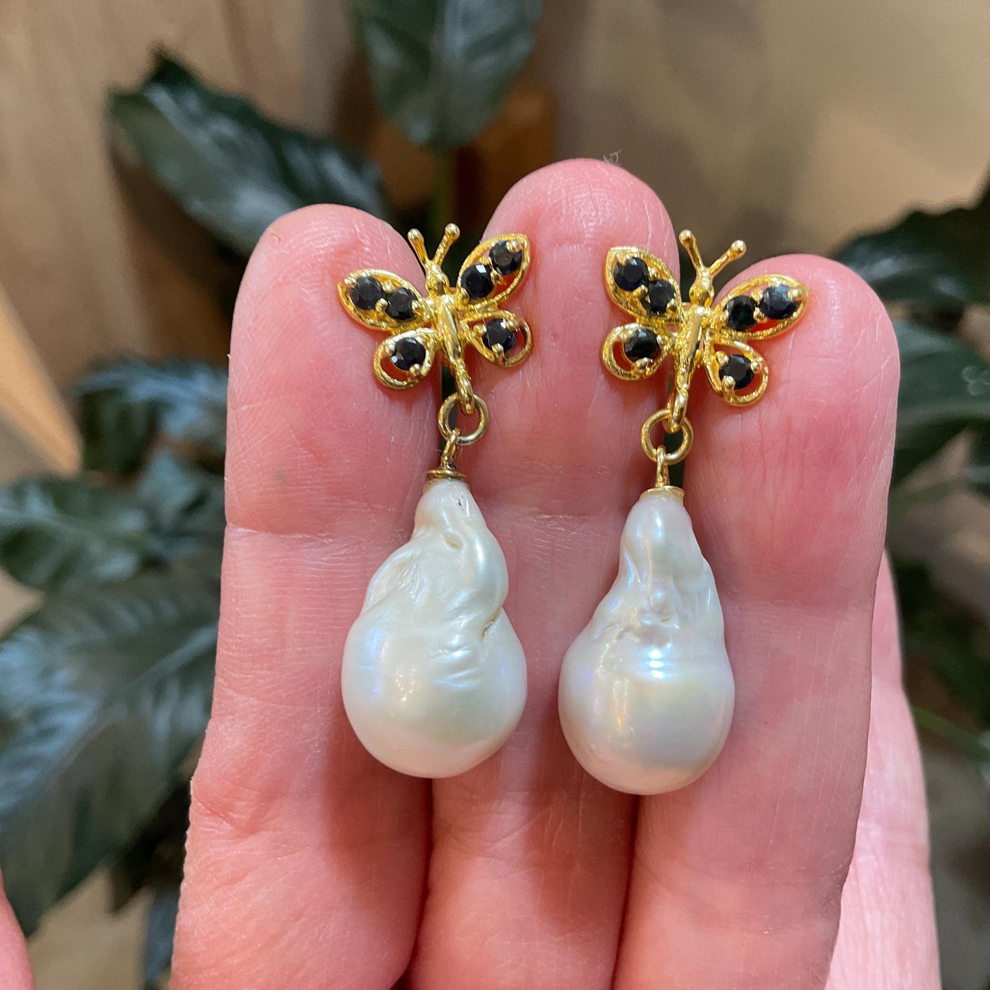 Sterling Silver natural sapphire white natural baroque pearl Gold butterfly Earrings