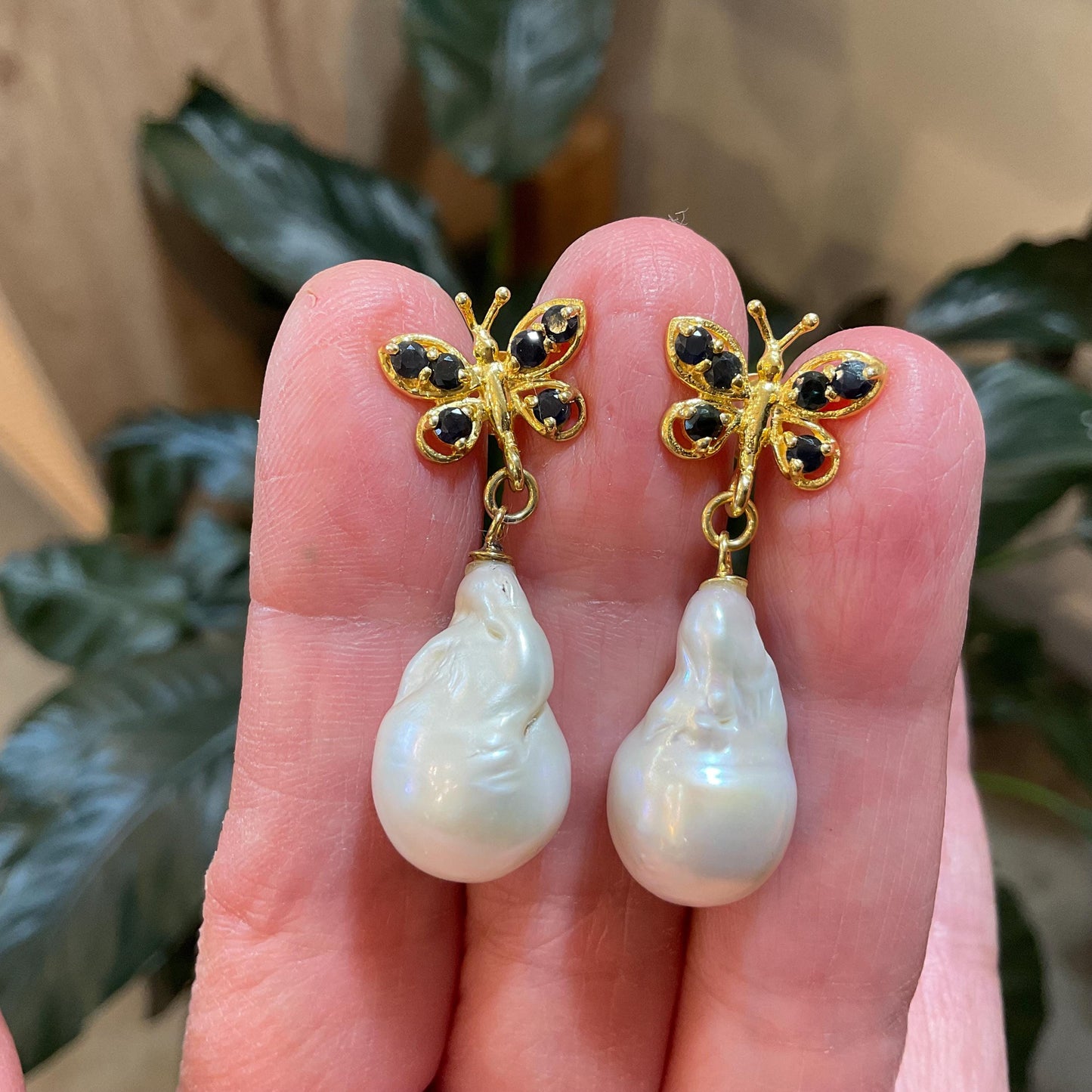 Sterling Silver natural sapphire white natural baroque pearl Gold butterfly Earrings