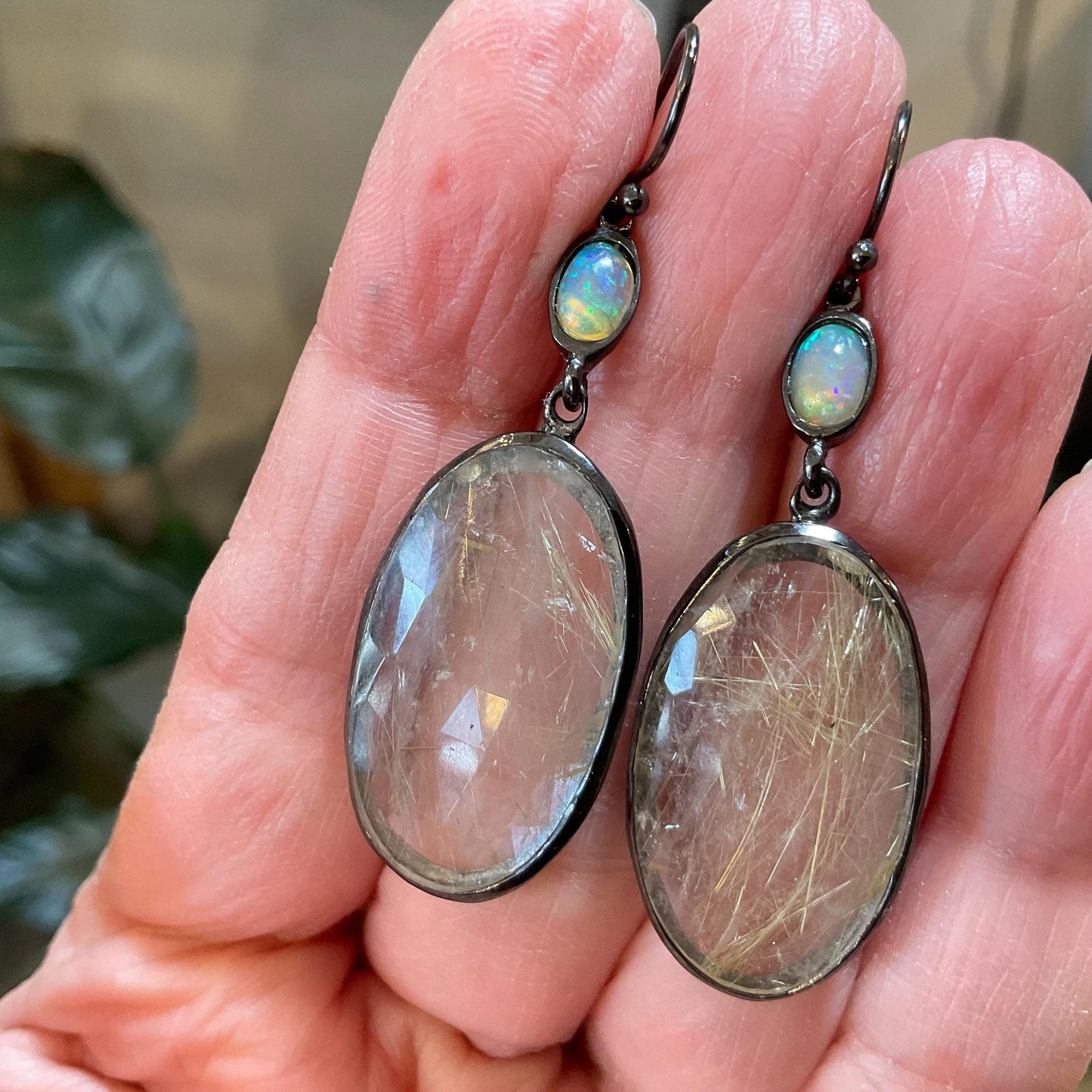 sterling silver statement rutilated quartz golden ribbon opal earrings Colors Of Etnika