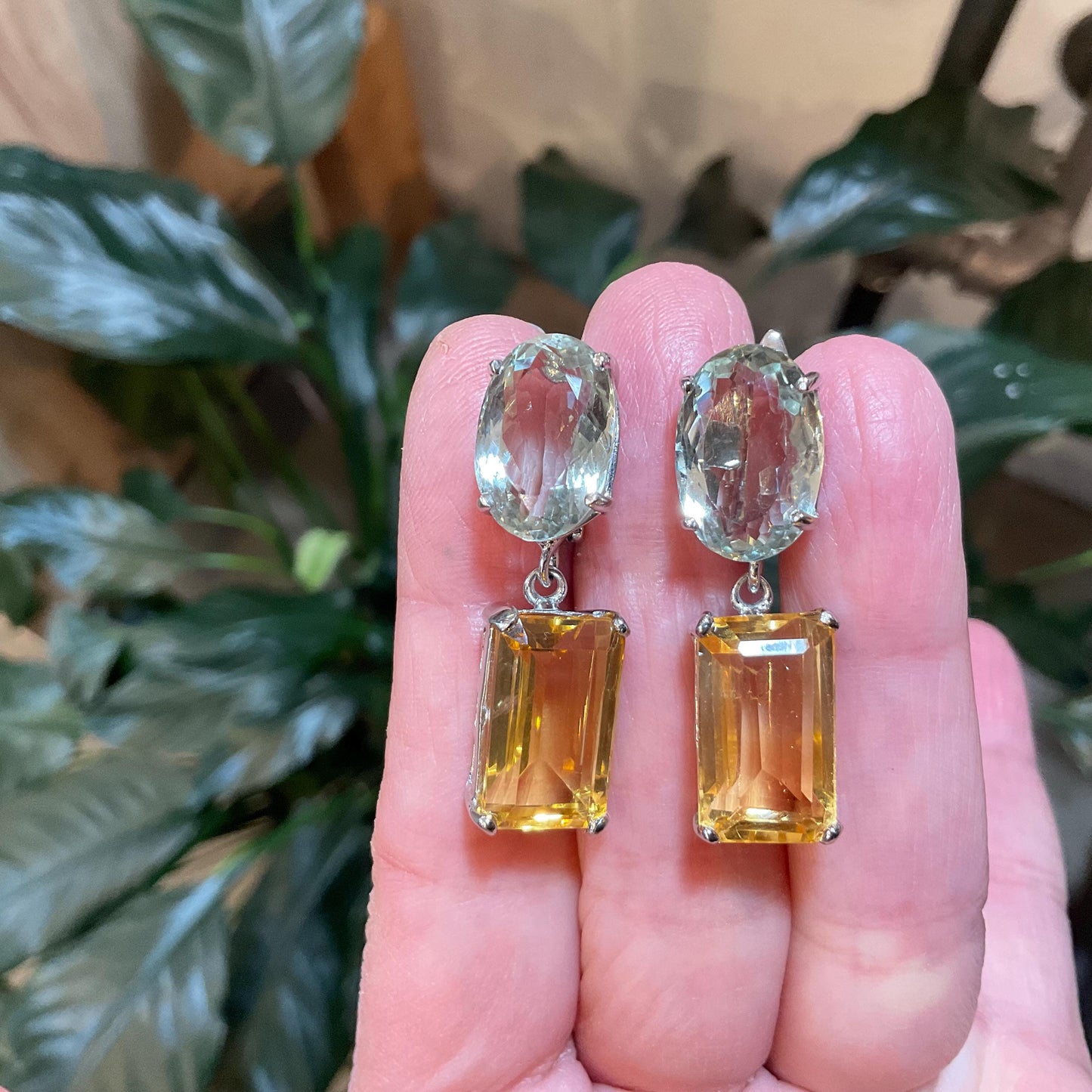 Sterling silver oval green amethyst baguette citrine dangle earrings