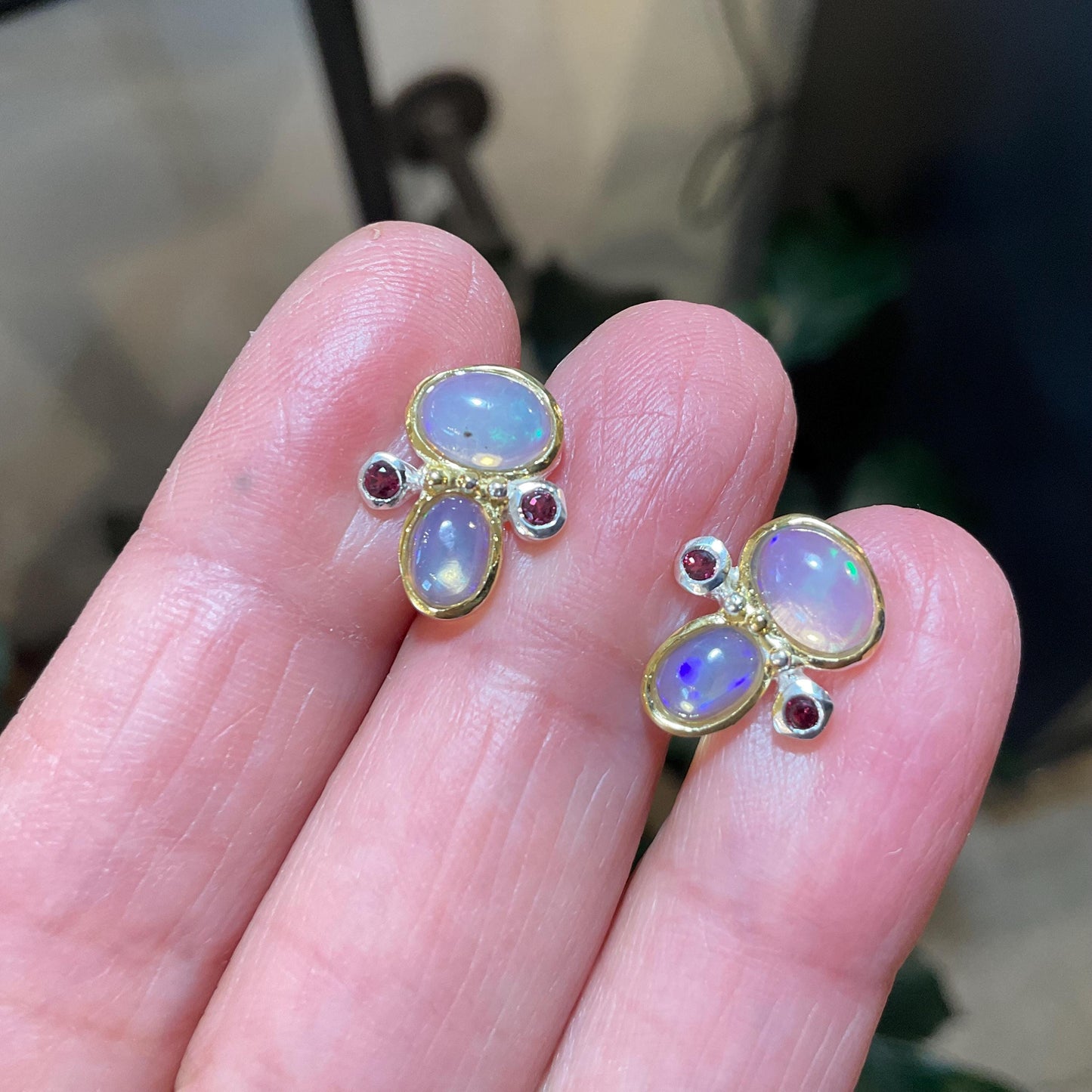 sterling silver rainbow natural opal rhodolite Stud earrings