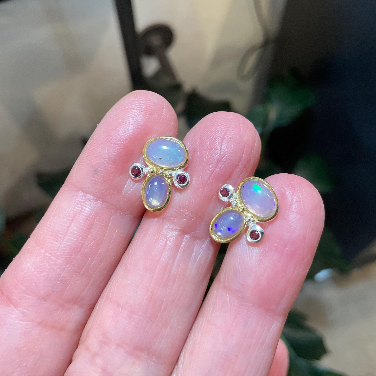 sterling silver rainbow natural opal rhodolite Stud earrings