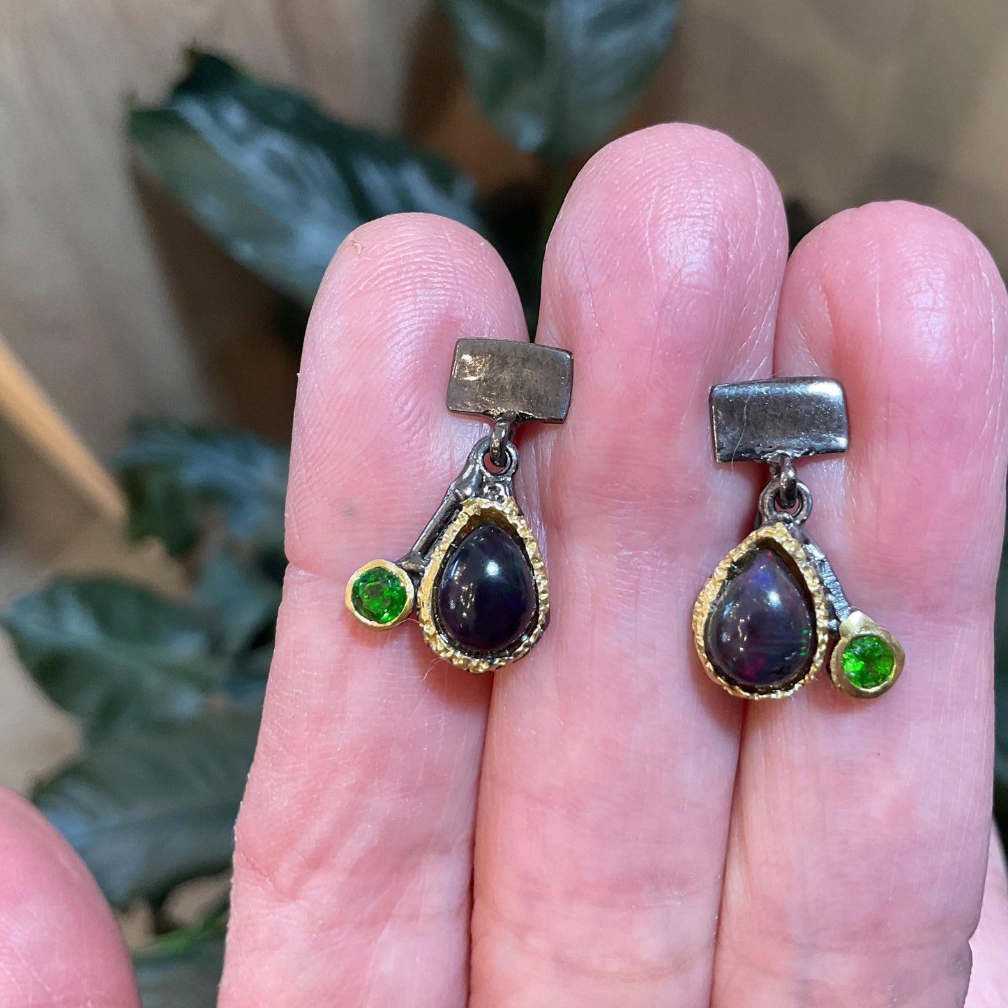 Sterling Silver black natural Opal chrome diopside small stud Earrings