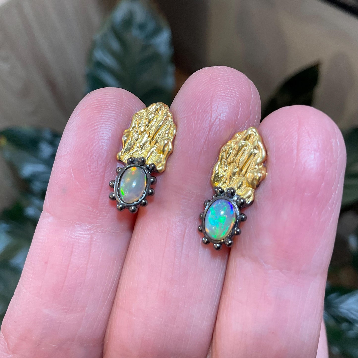Sterling Silver Gold Natural rainbow opal abstract stud earrings